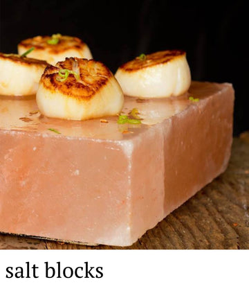 Seared scallops on a pink salt block with 'salt blocks' text below.