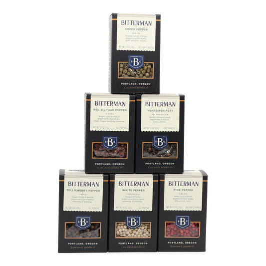 Collection of Bitterman pepper boxes on a white background