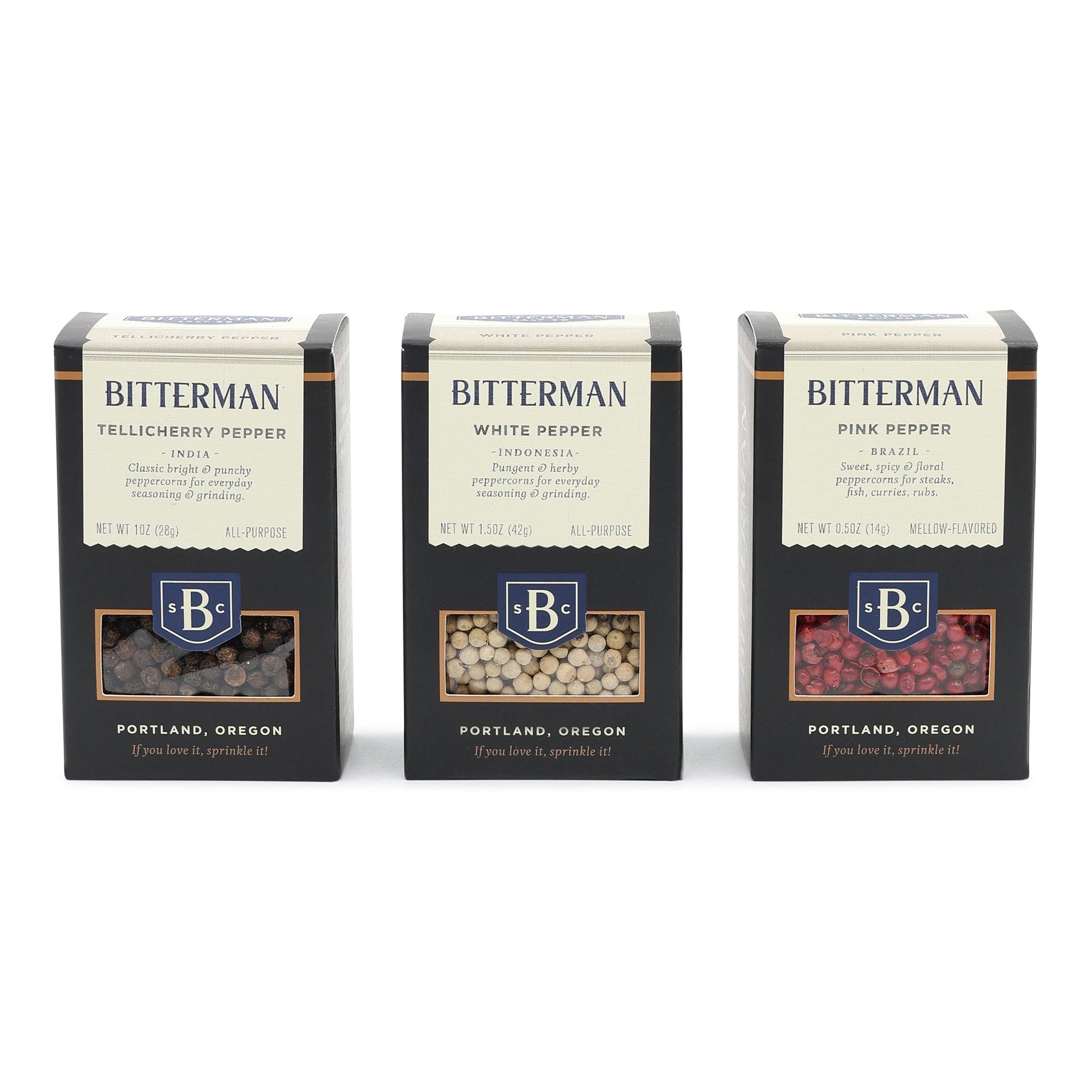 Three Bitterman pepper boxes on a white background