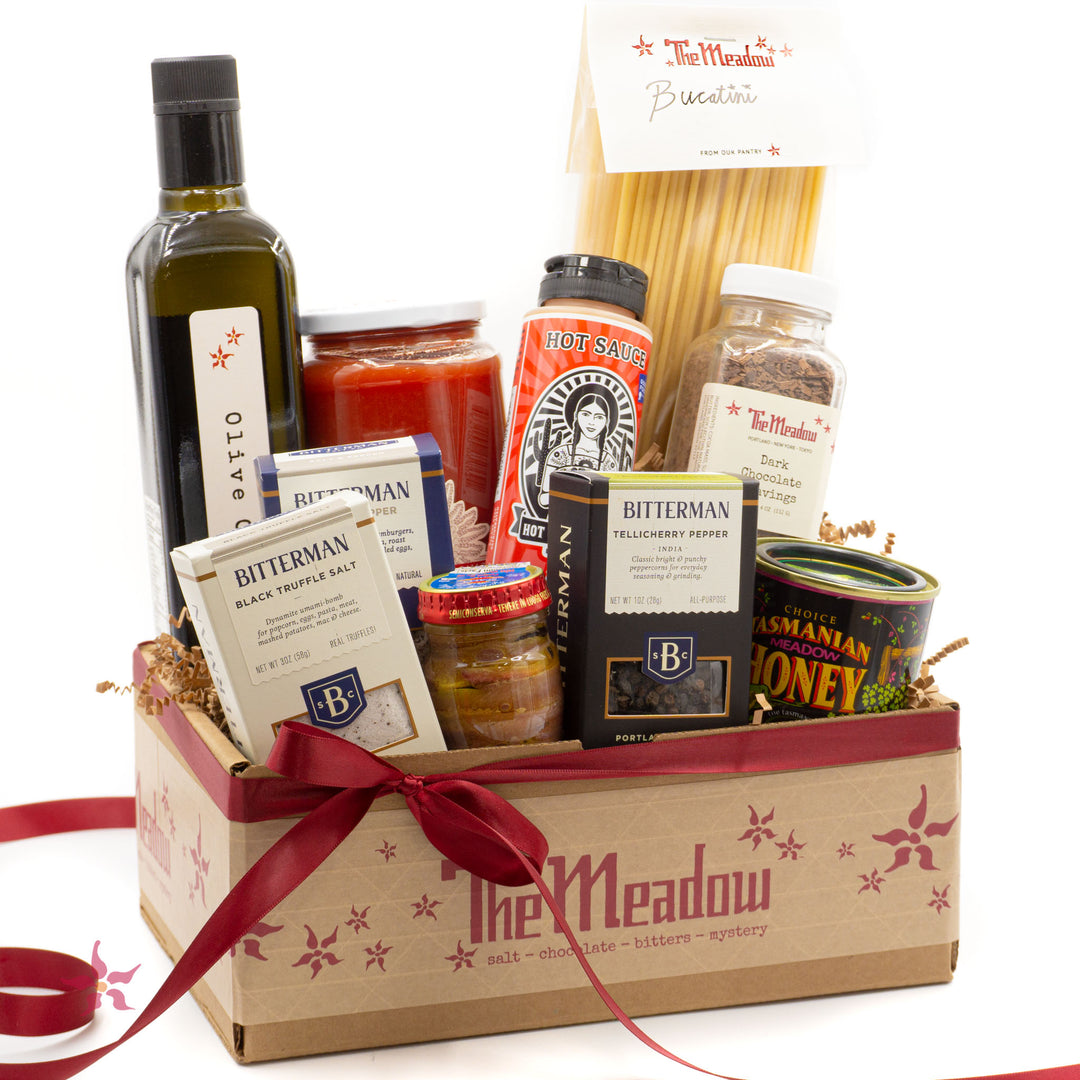 Gourmet Pantry Hostess Gift Box with oil, hot sauce, honey and more