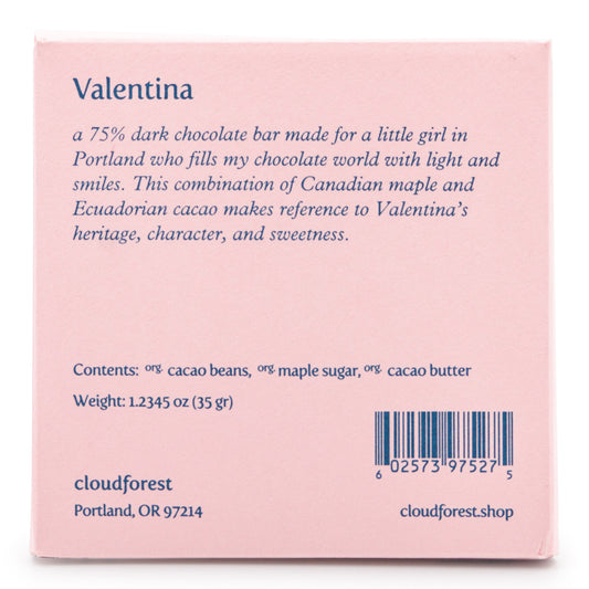 Cloudforest Valentina Dark Chocolate with Maple back of bar