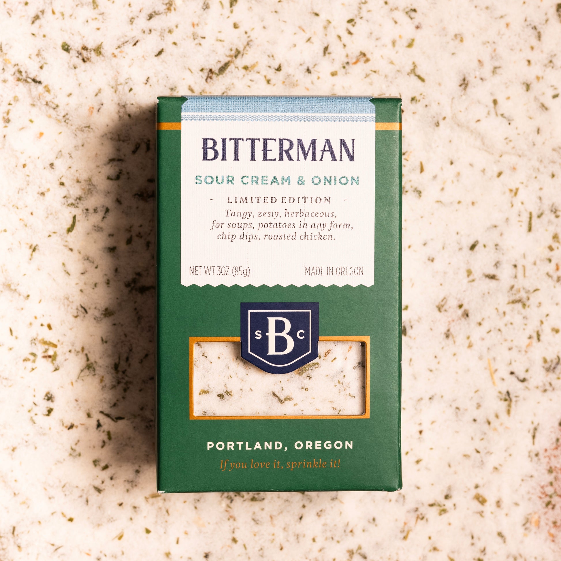 Bitterman Sour Cream & Onion seasoning box on a bed of salt