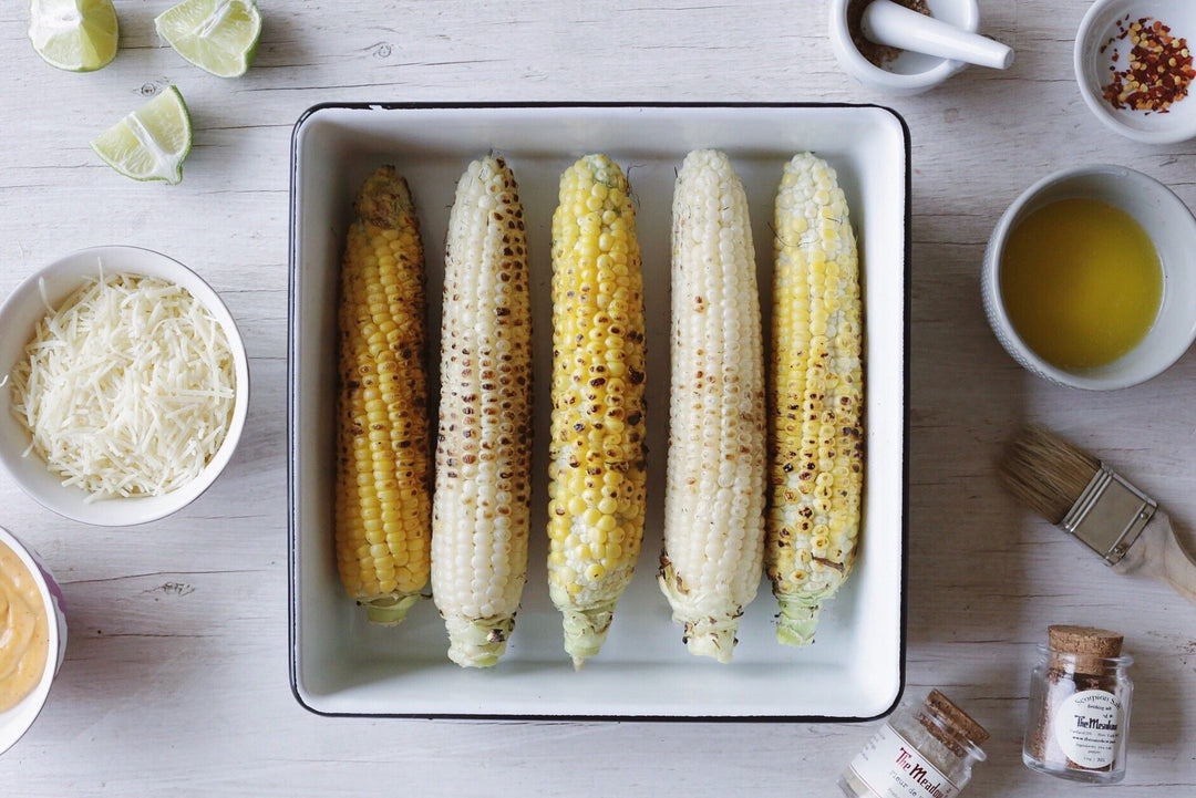 Elote Grilled Corn with Chili Pepper Sea Salt and Parmesan Cheese