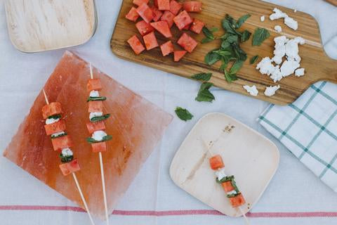 Watermelon, Goat Cheese, and Mint Skewers on a Salt Block