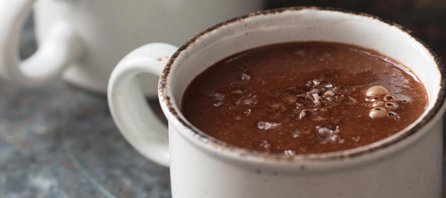 drinking chocolate in a mug with flaky salt