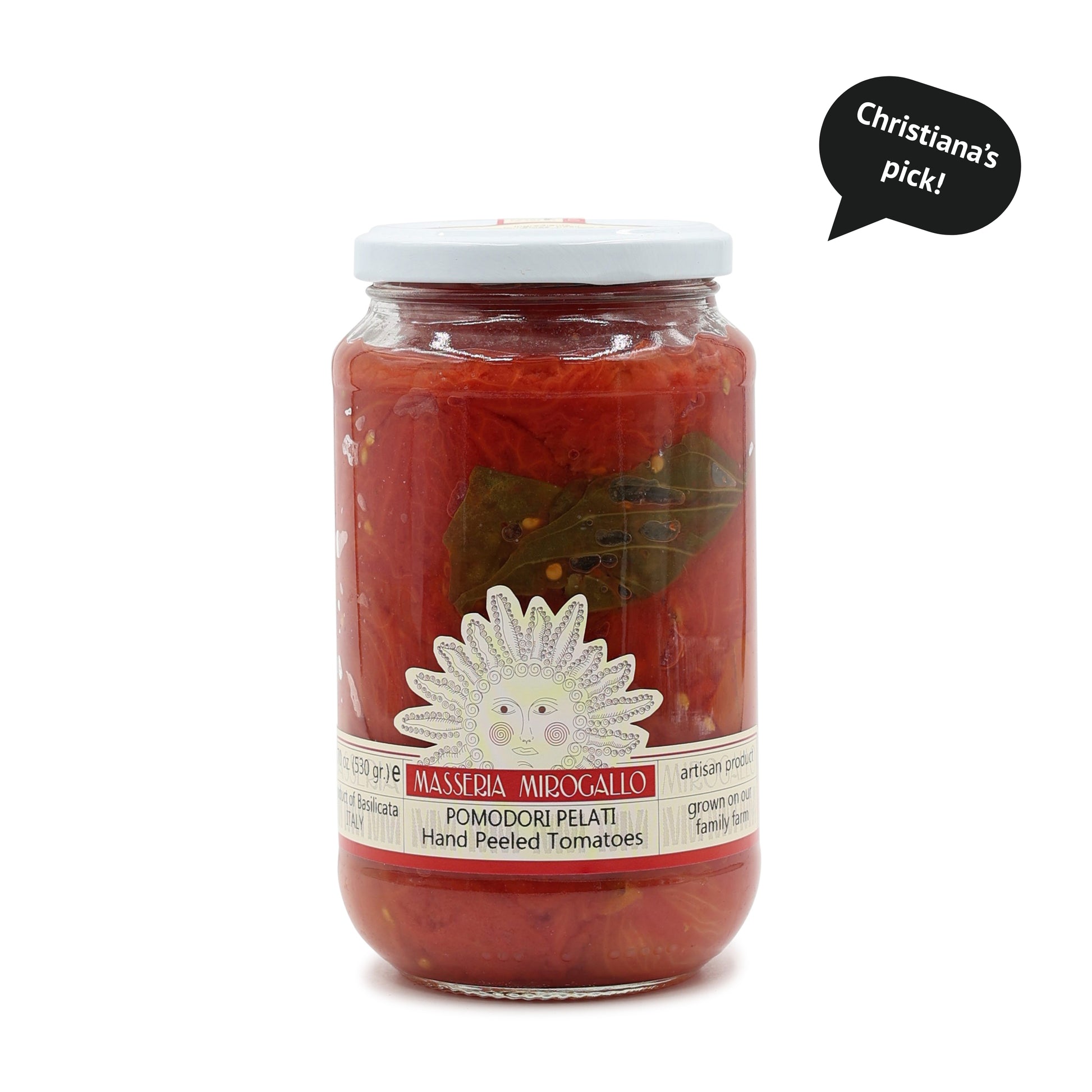 hand peeled tomatoes with staff pick badge