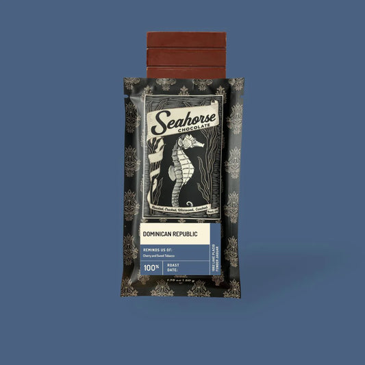 Seahorse Chocolate packaging on a blue background