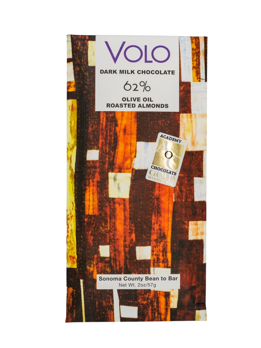 Image of the front of Volo 62% Dark Milk Chocolate with Roasted Almonds and Olive Oil