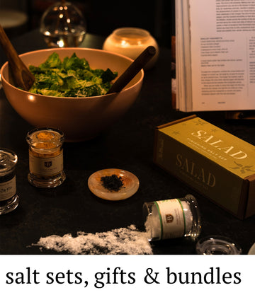 Salad ingredients and packaging on a dark surface with text overlay.