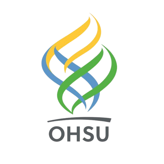 Logo of OHSU with interwoven blue, green, and yellow lines on a white background