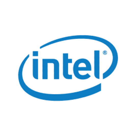 Intel logo in blue on a white background