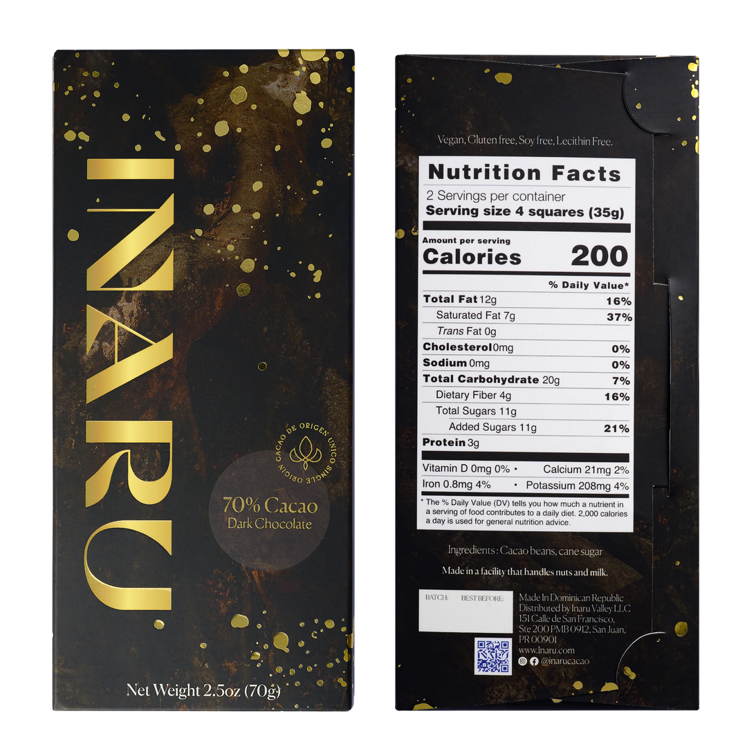 Image of the front and back of INARU Dominican Republic 70% Dark Chocolate