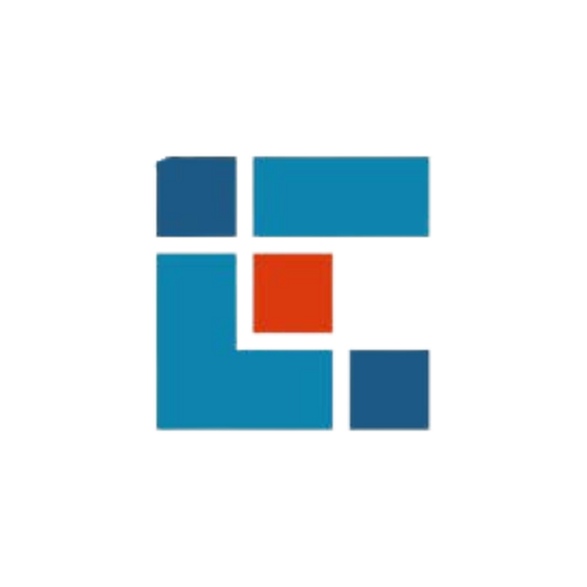 Logo with blue and orange squares on a white background