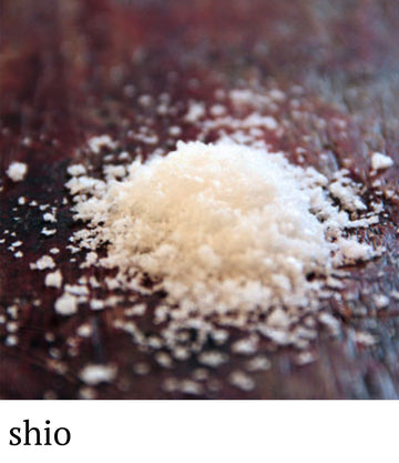 White salt pile on a dark surface with 'shio' text below.