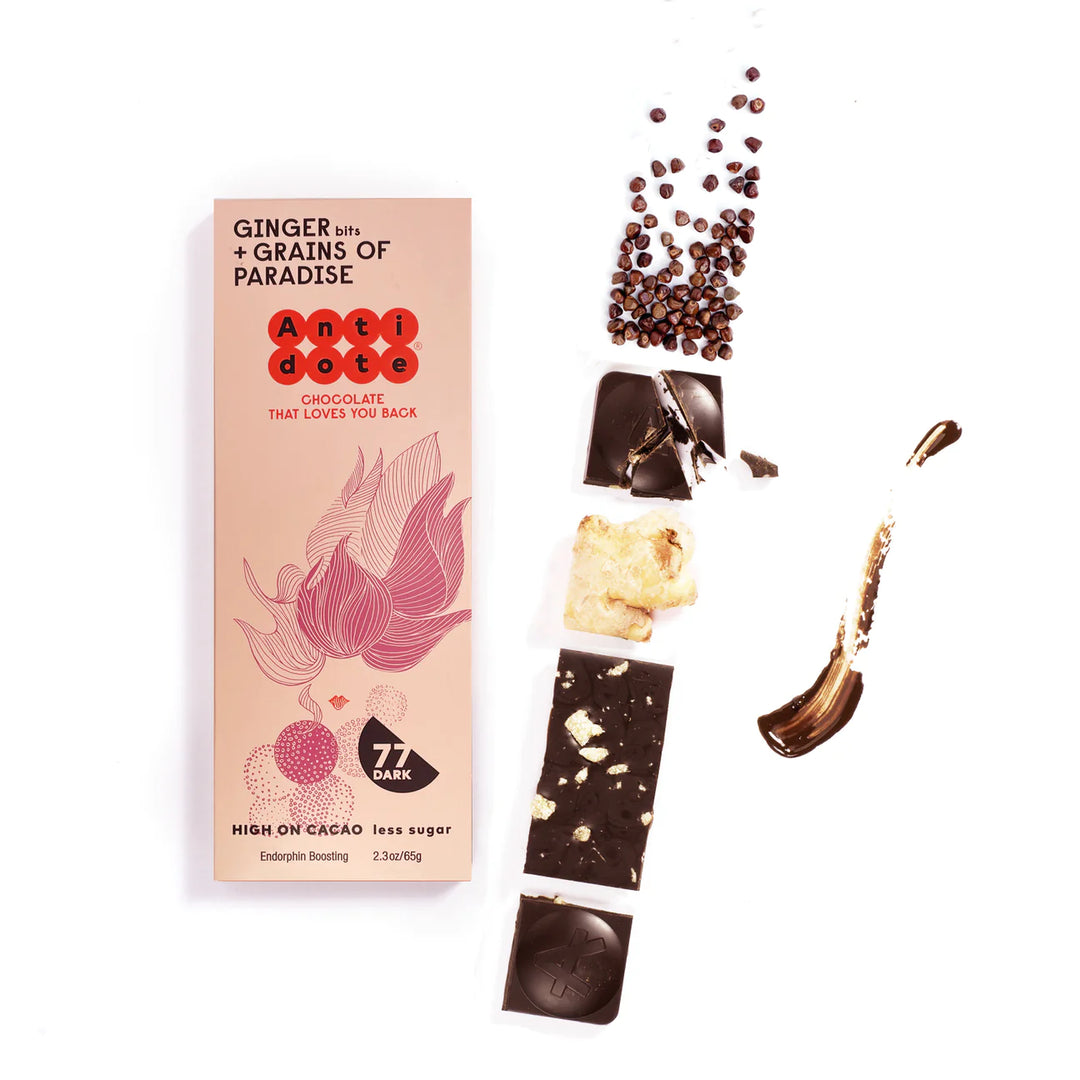 image of Antidote 77% Dark Chocolate with Ginger Bits and Grains of Paradise