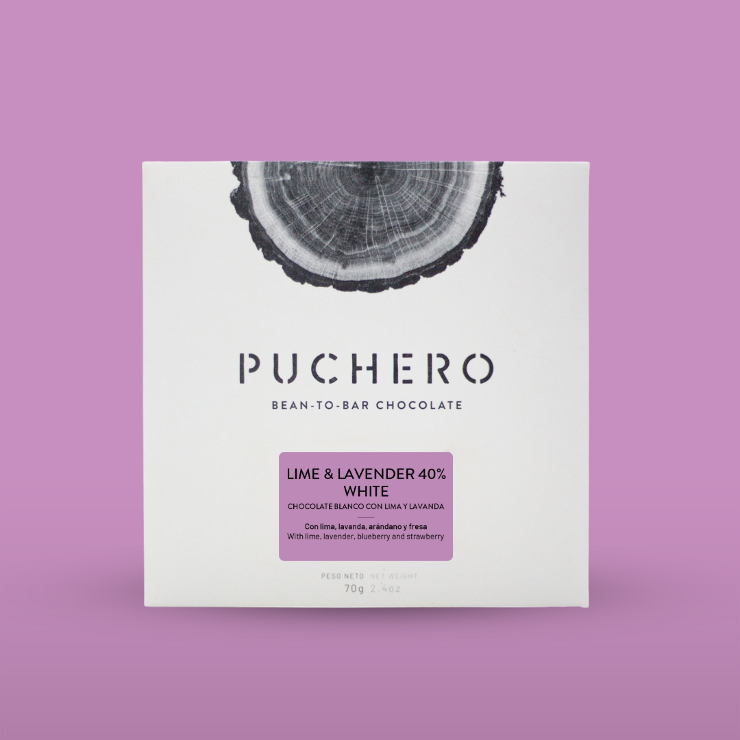 Puchero 40% White Chocolate with Lime, Lavender, Blueberry and Strawberry