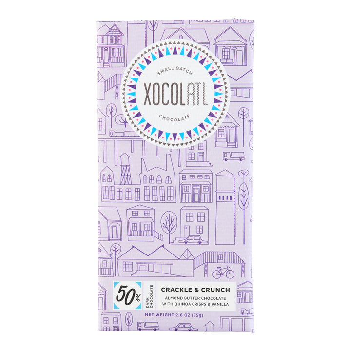 Image of the front of Xocolatl "Crackle and Crunch" 50% Almond Butter Chocolate with Quinoa and Vanilla