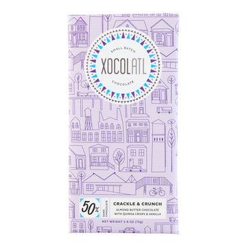 Image of the front of Xocolatl "Crackle and Crunch" 50% Almond Butter Chocolate with Quinoa and Vanilla