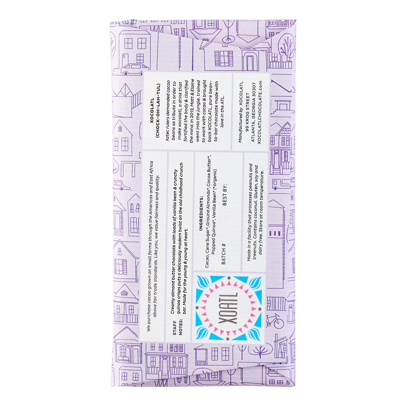 Image of the back of Xocolatl "Crackle and Crunch" 50% Almond Butter Chocolate with Quinoa and Vanilla