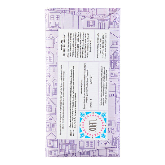 Image of the back of Xocolatl "Crackle and Crunch" 50% Almond Butter Chocolate with Quinoa and Vanilla