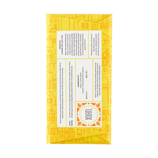 Image of the back of Xocolatl "Dark and Salty" 80% Dark Chocolate with Vanilla Infused Sea Salt