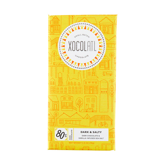 Image of the front of Xocolatl "Dark and Salty" 80% Dark Chocolate with Vanilla Infused Sea Salt
