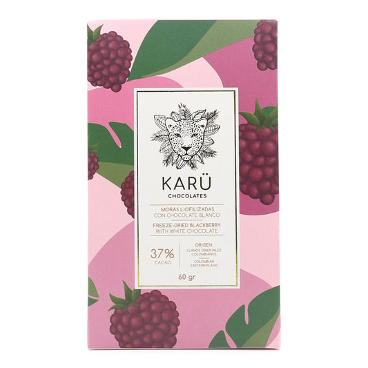 Karü Chocolates Freeze Dried Blackberries covered in White Chocolate