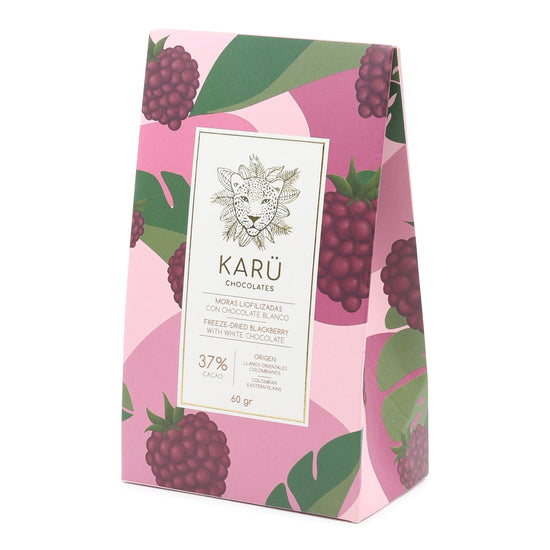 Karü Chocolates Freeze Dried Blackberries covered in White Chocolate