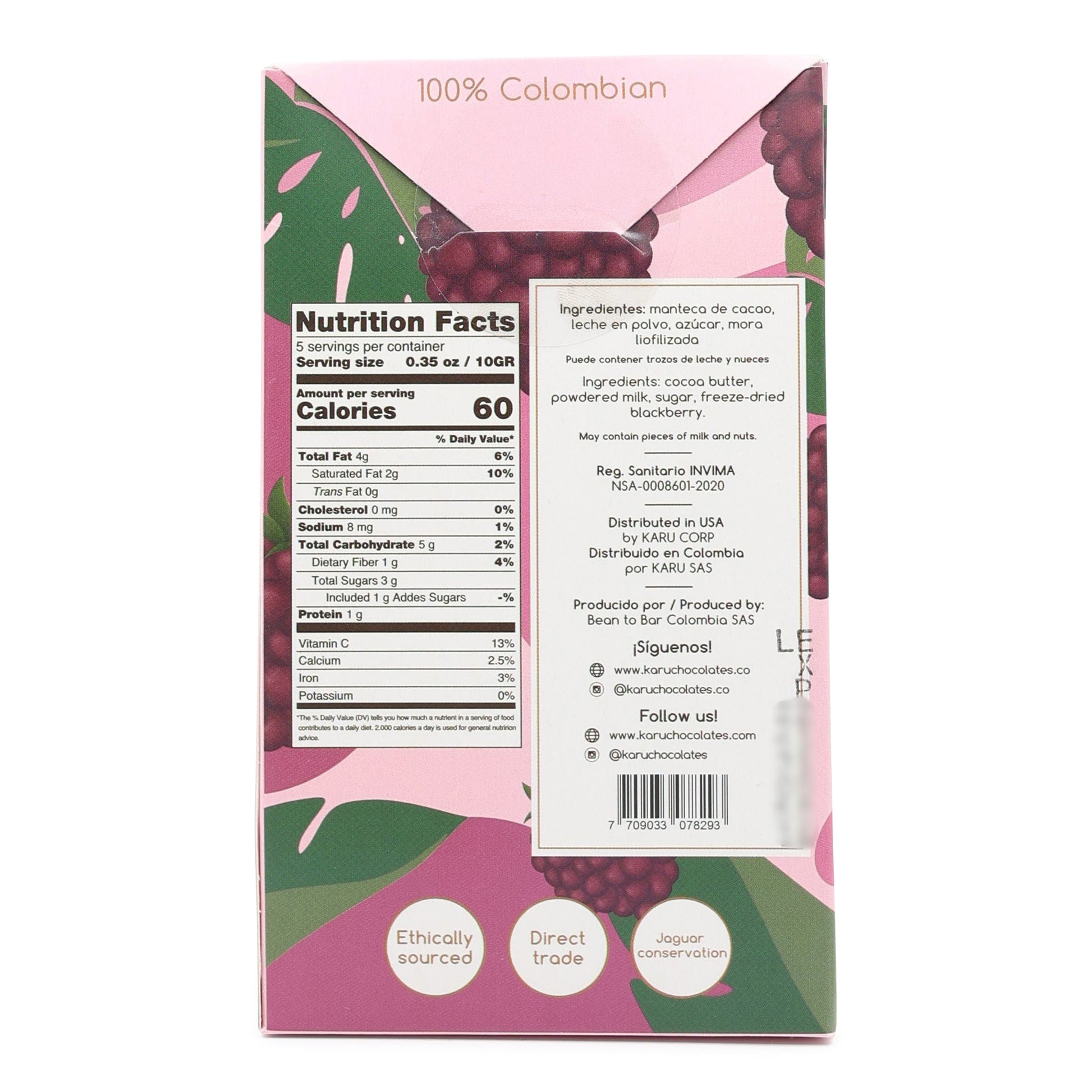 Karü Chocolates Freeze Dried Blackberries covered in White Chocolate