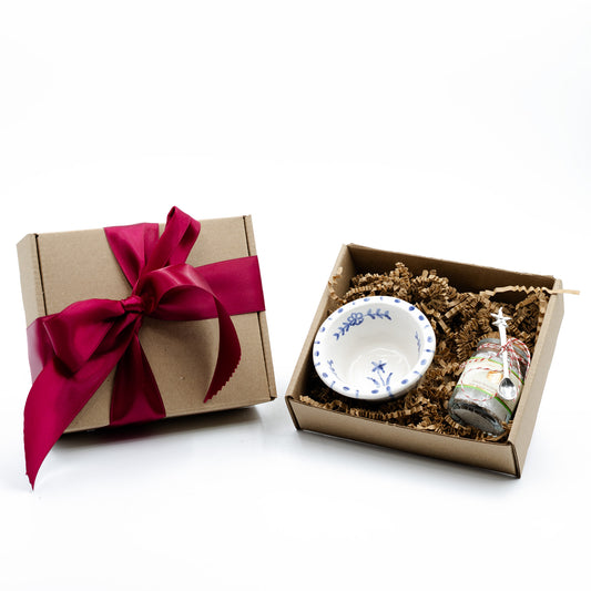 salt cellar with salt in box with ribbon