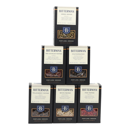 Collection of Bitterman pepper boxes on a white background