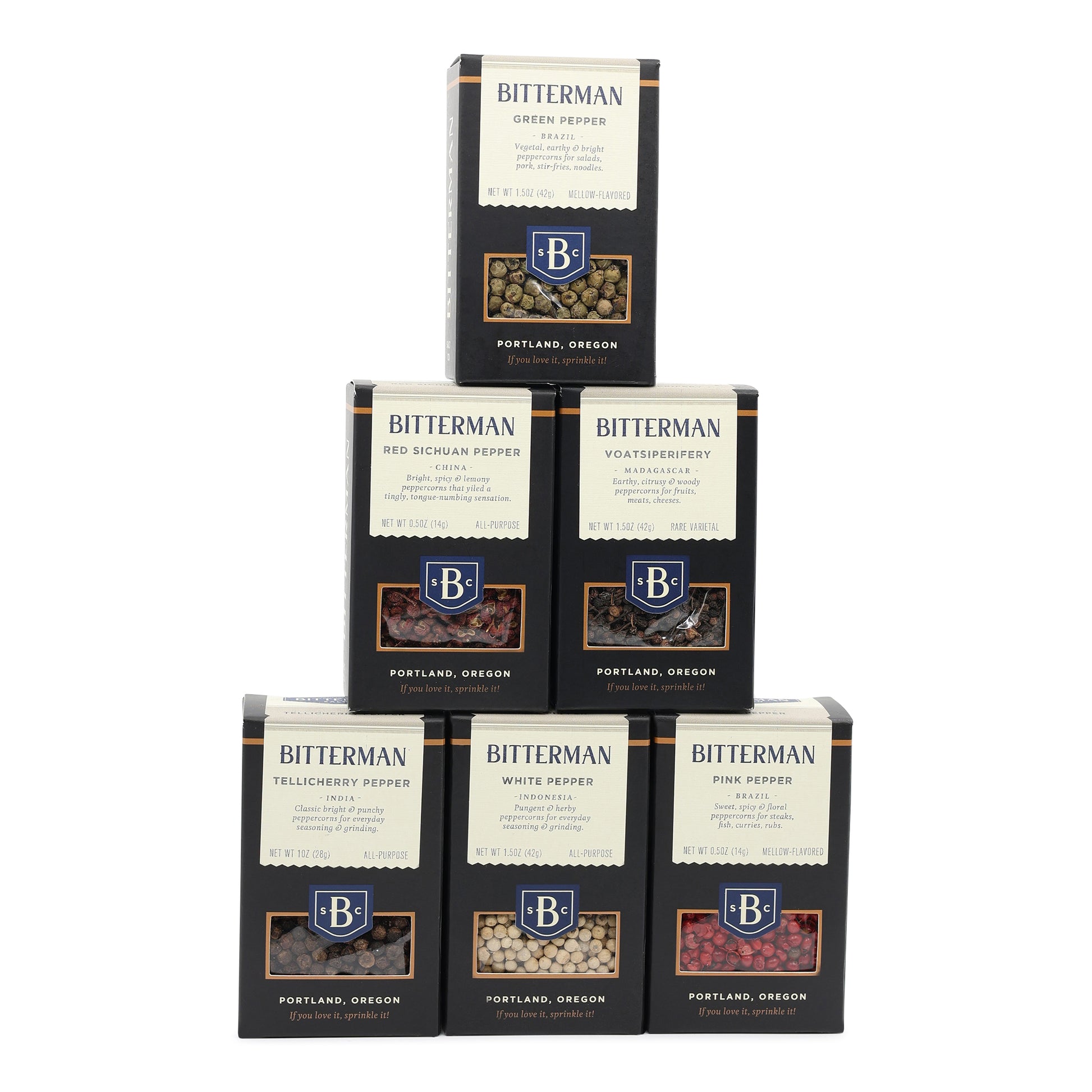 Collection of Bitterman pepper boxes on a white background