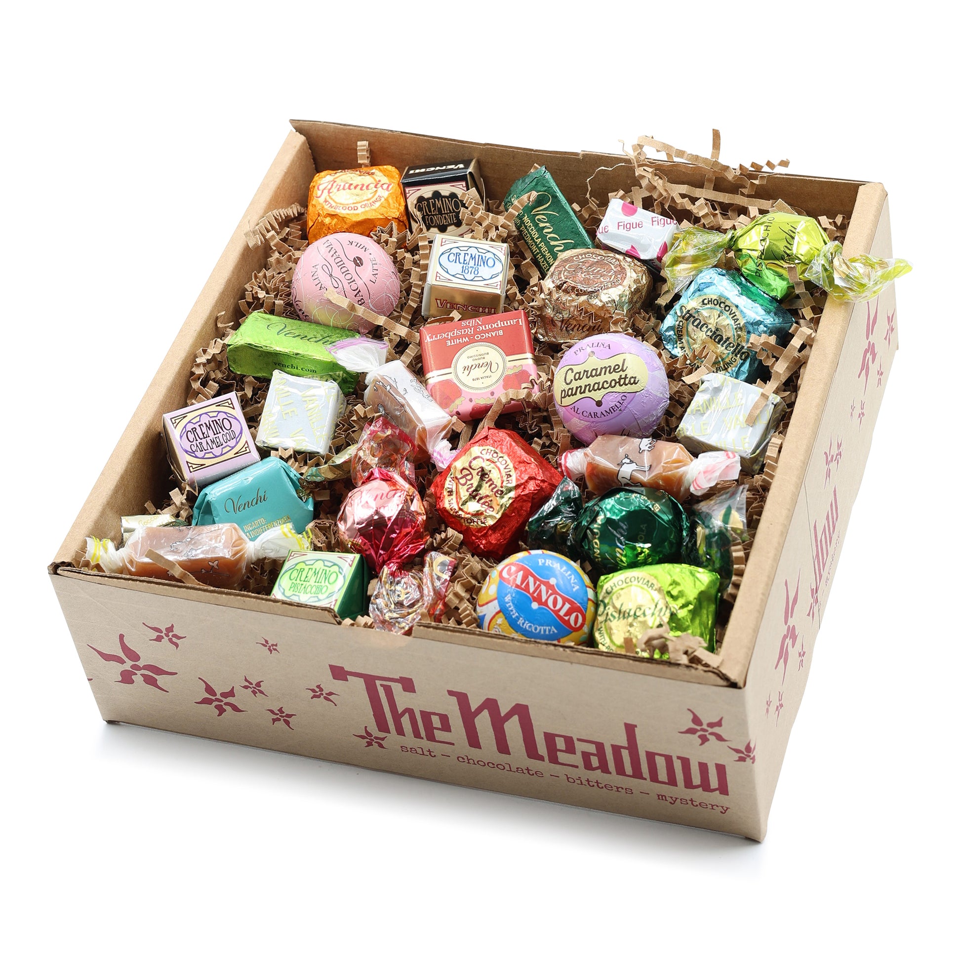 Box of assorted chocolates from 'The Meadow' on a white background