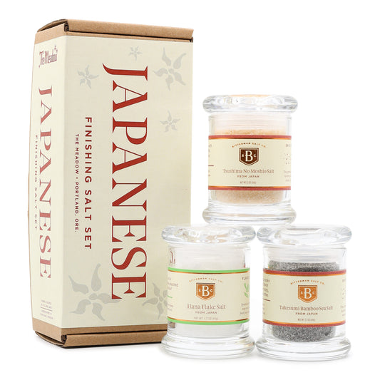 Japanese finishing salt set with packaging on a white background