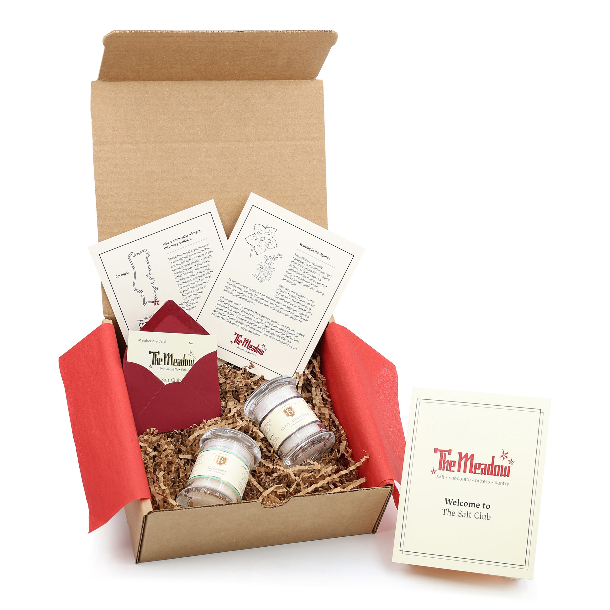 A box filled salt club items including salts and informational material