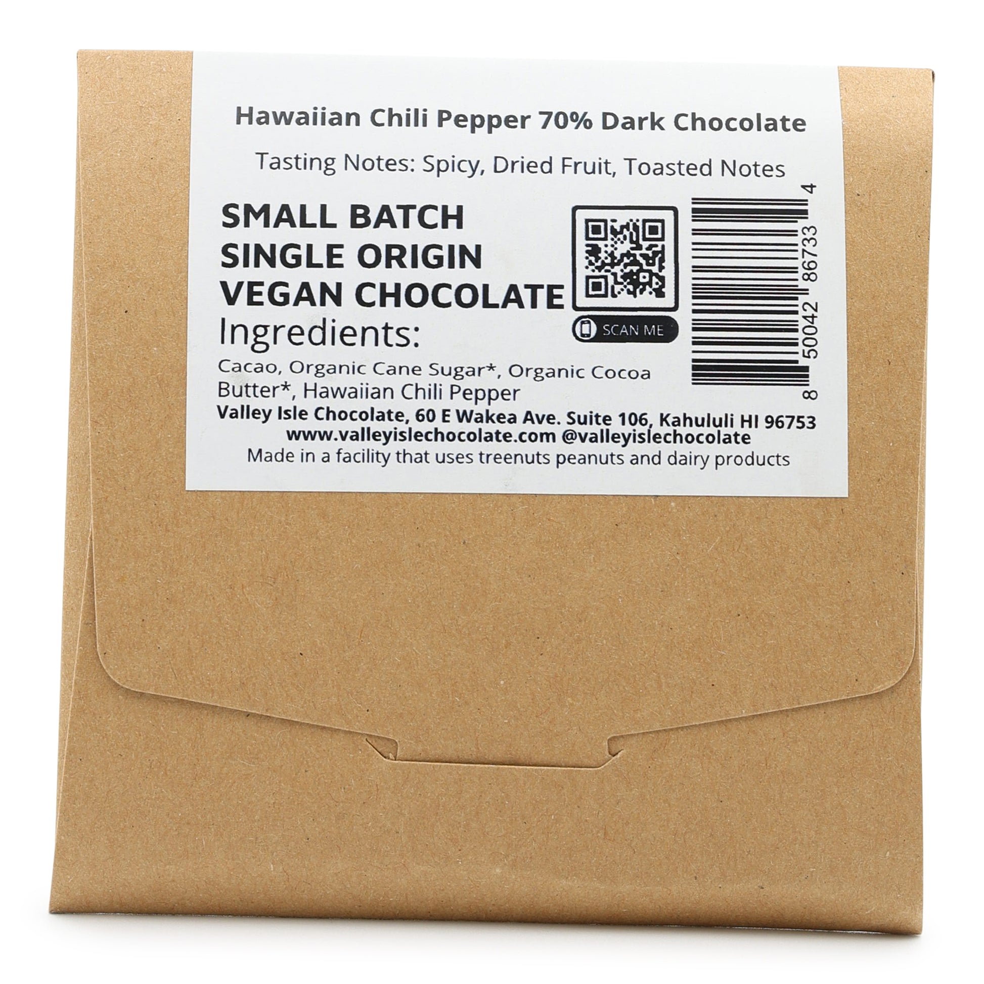 Valley Isle Chocolate 70% Dark Chocolate with Hawaiian Chili Pepper back