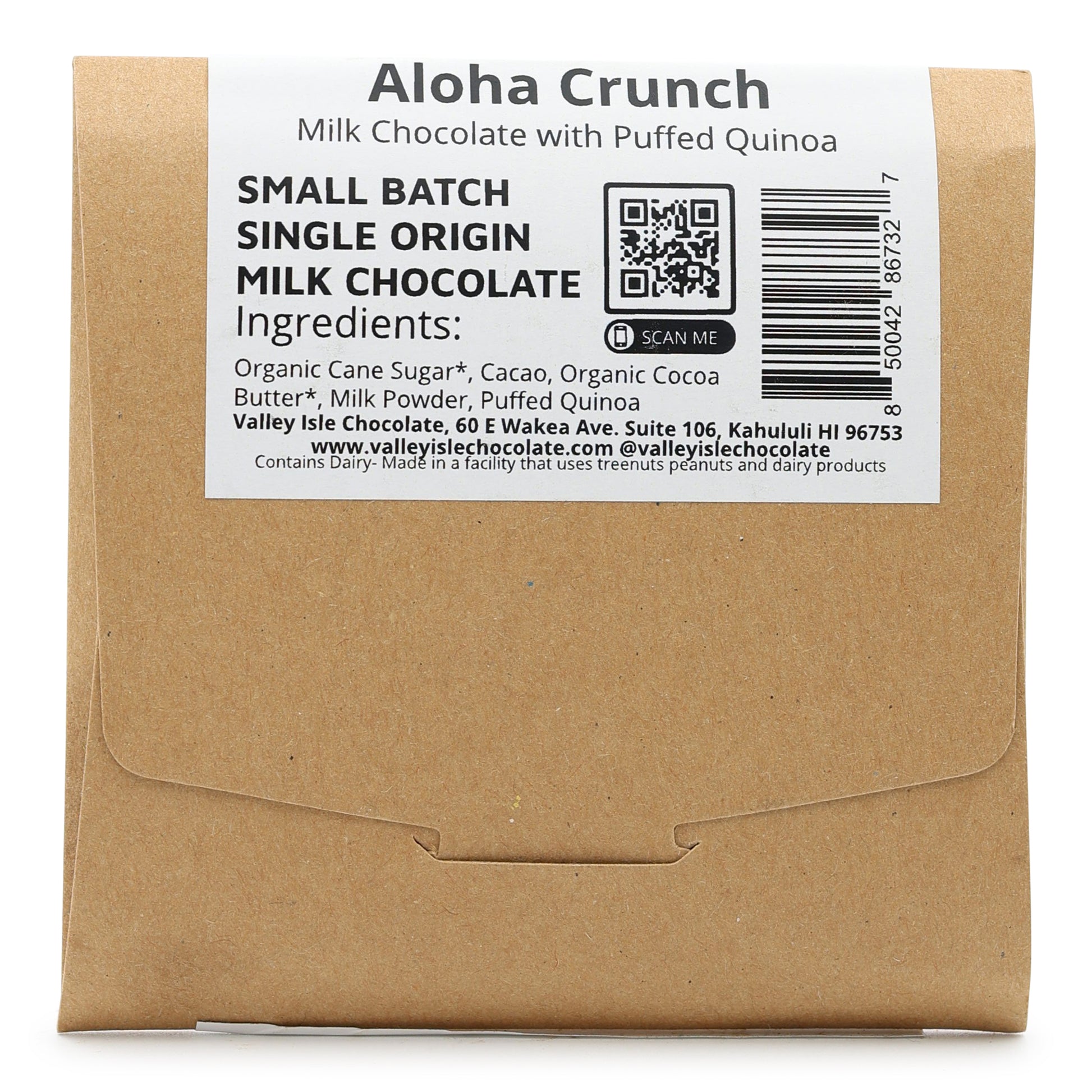 Valley Isle Chocolate "Aloha Crunch" 55% Dark Milk Chocolate with Puffed Quinoa back