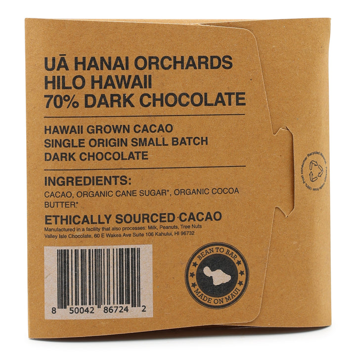 Valley Isle Chocolate 70% Ua Hānai Orchards Hilo Hawaii Dark Chocolate back