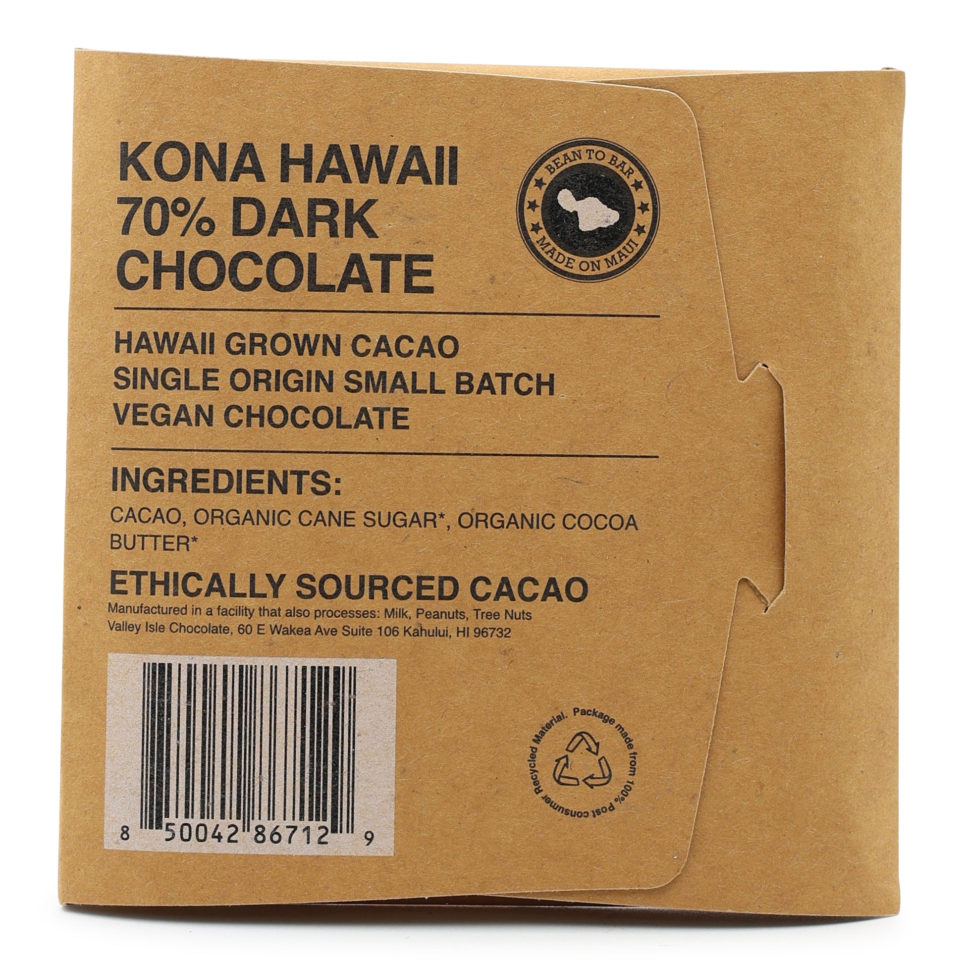 Valley Isle Chocolate 70% Kona Dark Chocolate back