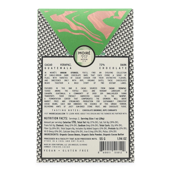 Moiré Chocolate Cacao Verapaz, Guatemala 72%  Dark Chocolate back