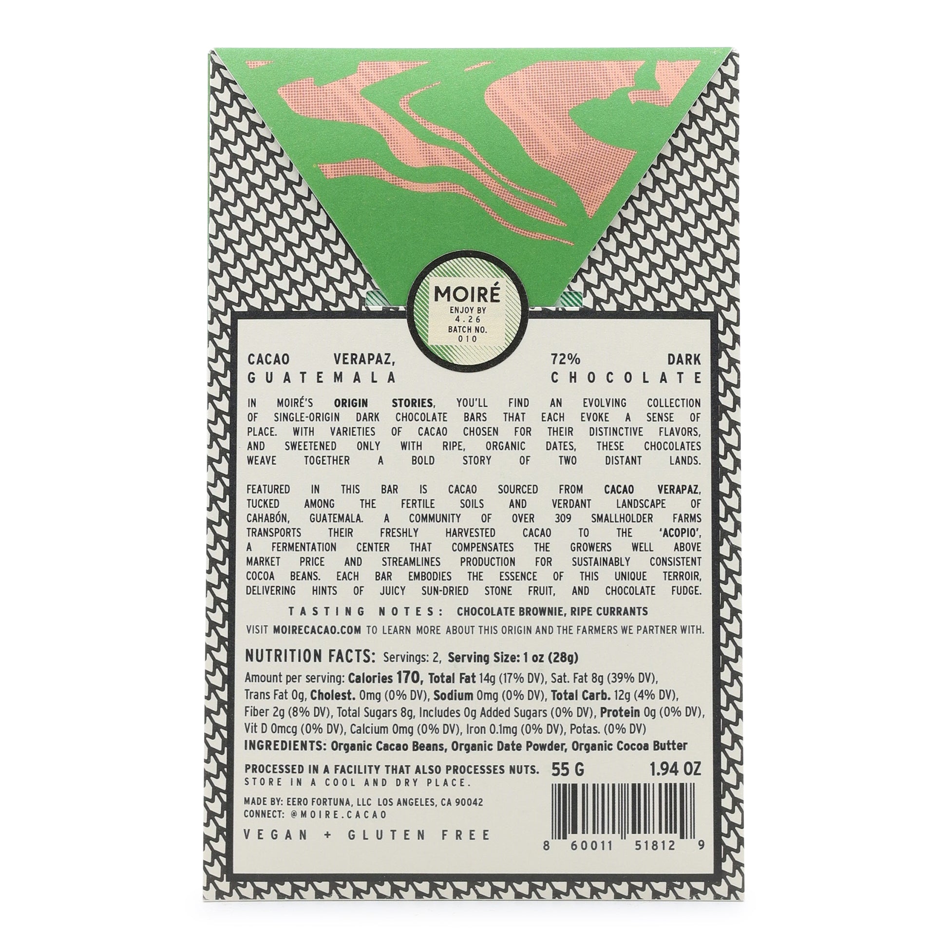 Moiré Chocolate Cacao Verapaz, Guatemala 72%  Dark Chocolate back