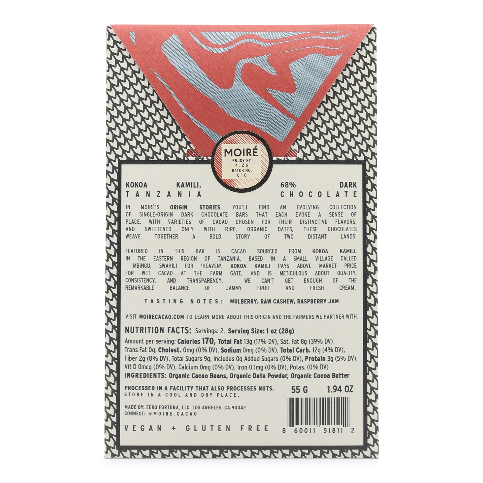 Moiré Chocolate Kokoa Kamili, Tanzania 68%  Dark Chocolate back