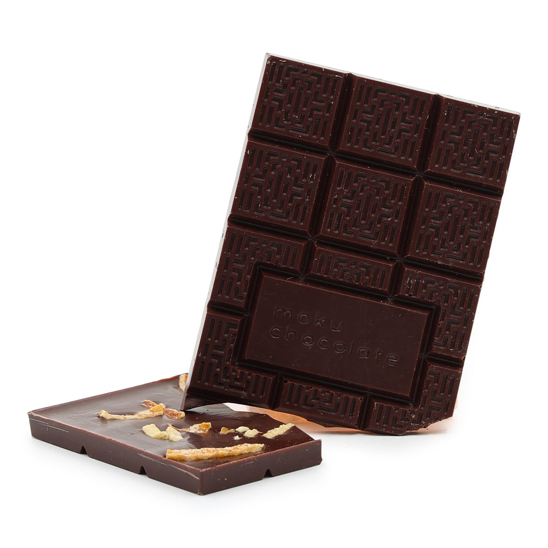 Moku Chocolate Bejofo Estate Madagascar 70% Dark Chocolate with Orange Zest unwrapped