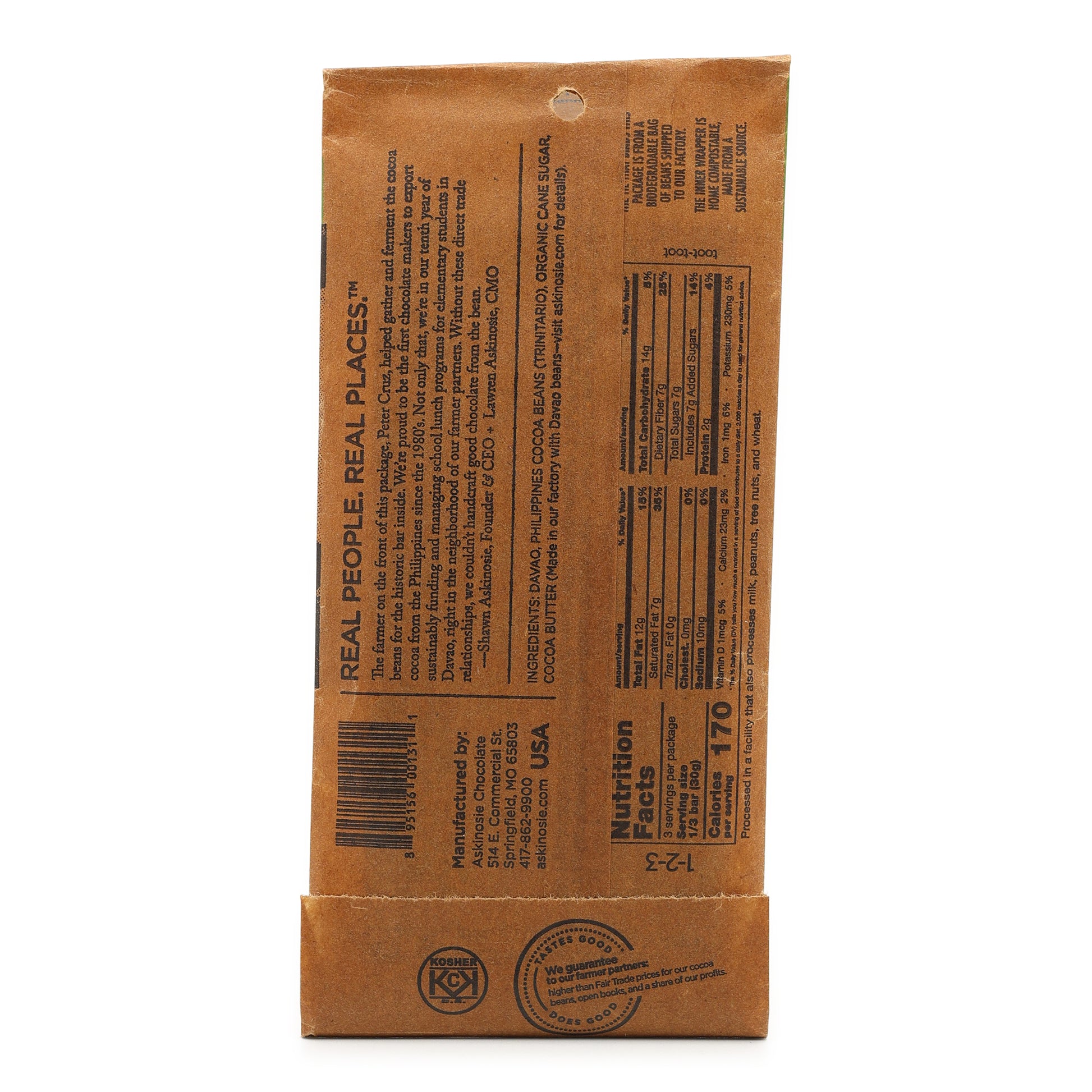 Askinosie Davao 77% Dark Chocolate back of bar