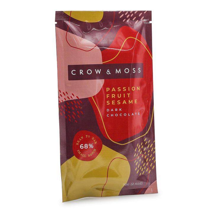 Crow & Moss 68% Dark Chocolate with Passion Fruit and Sesame