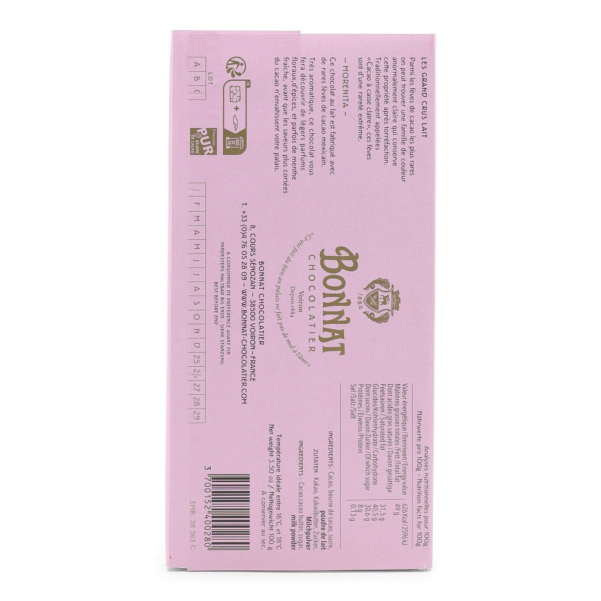 Bonnat Morenita Mexico 65% Dark Milk Chocolate back