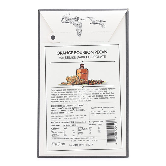 Dick Taylor 65% Dark Chocolate with Bourbon, Orange and Pecan back