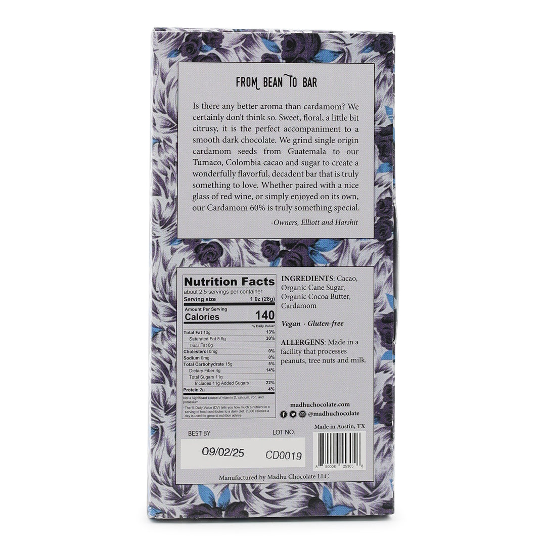 Madhu Chocolate 60% Dark Chocolate with Cardamom back