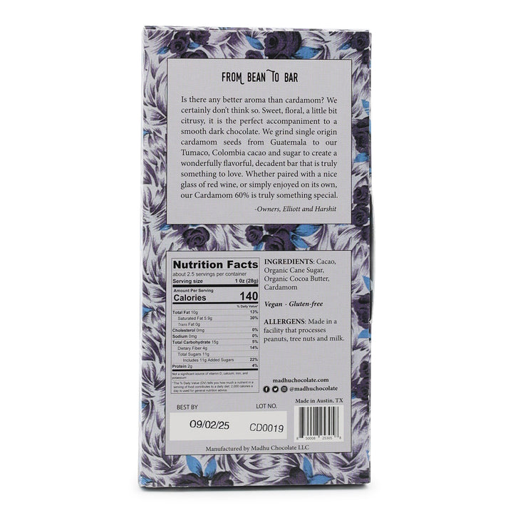 Madhu Chocolate 60% Dark Chocolate with Cardamom back