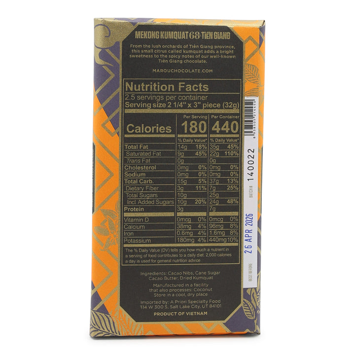 Marou 68%  Tien Giang Dark Chocolate with Mekong Kumquat back